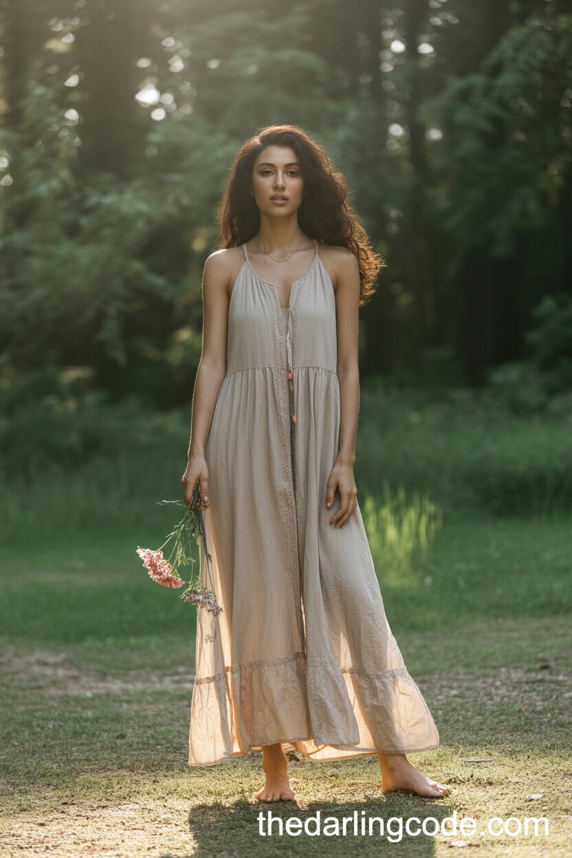 Sleeveless Embroidered Boho Wedding Dress In A Forest Clearing