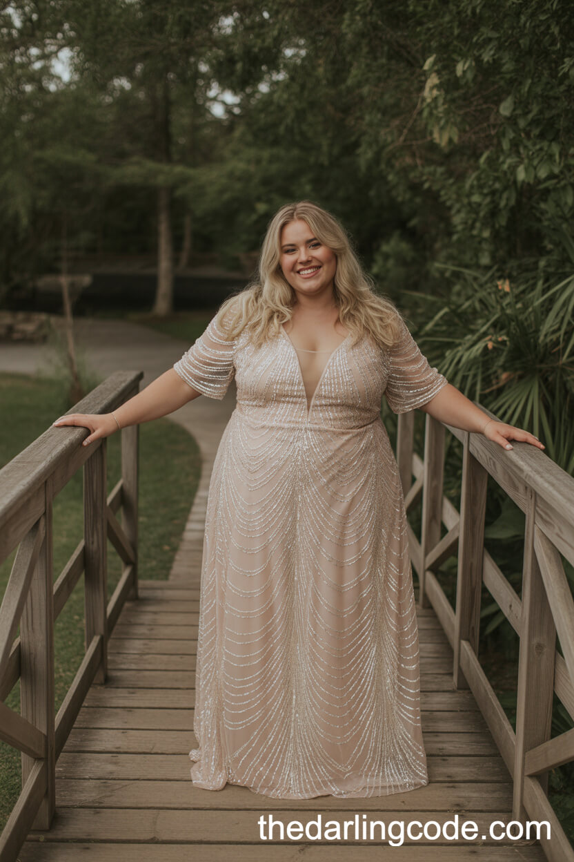 Sparkling Sequin Boho-Glam Wedding Dress On A Rustic Bridge
