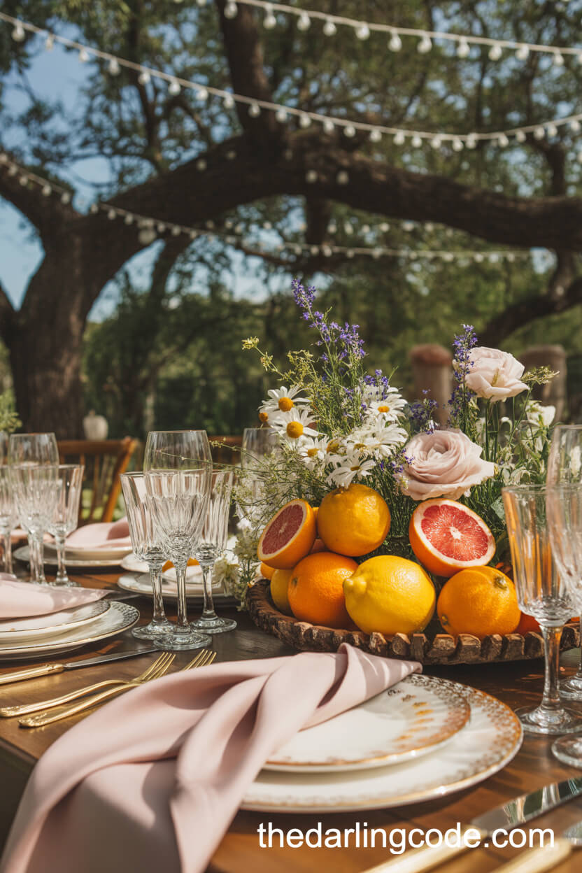 Outdoor Reception Tables With Citrus And Wildflower Centerpieces