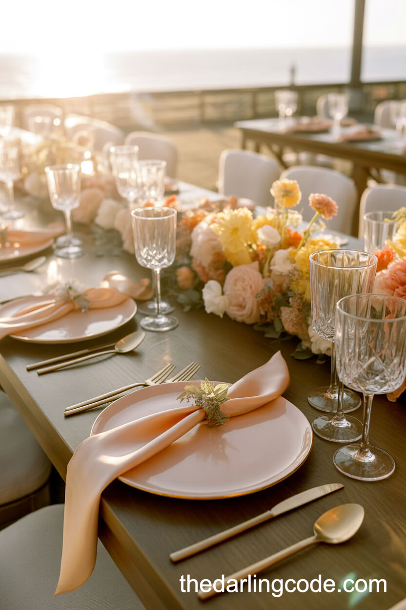 Elegant Reception Tables With Rose Gold And Summer Blooms