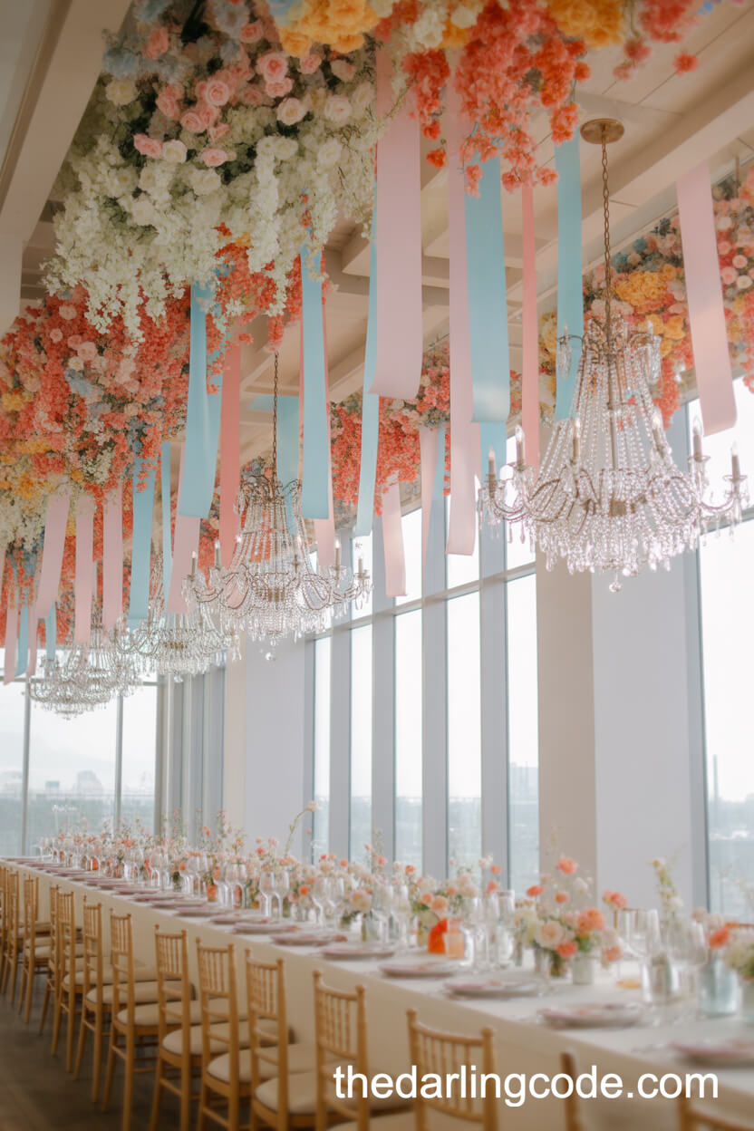 Ceiling Florals, Ribbons, And Chandeliers For Wedding Decor