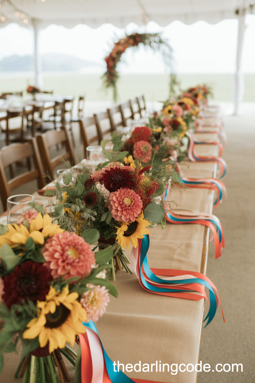 Bold Summer Blooms And Colorful Ribbons For Wedding Tablescapes