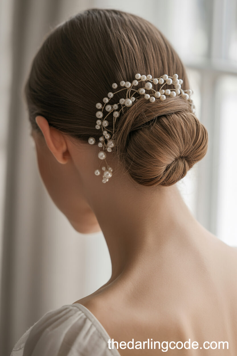 Classic Low Chignon Bun With Pearl Pins