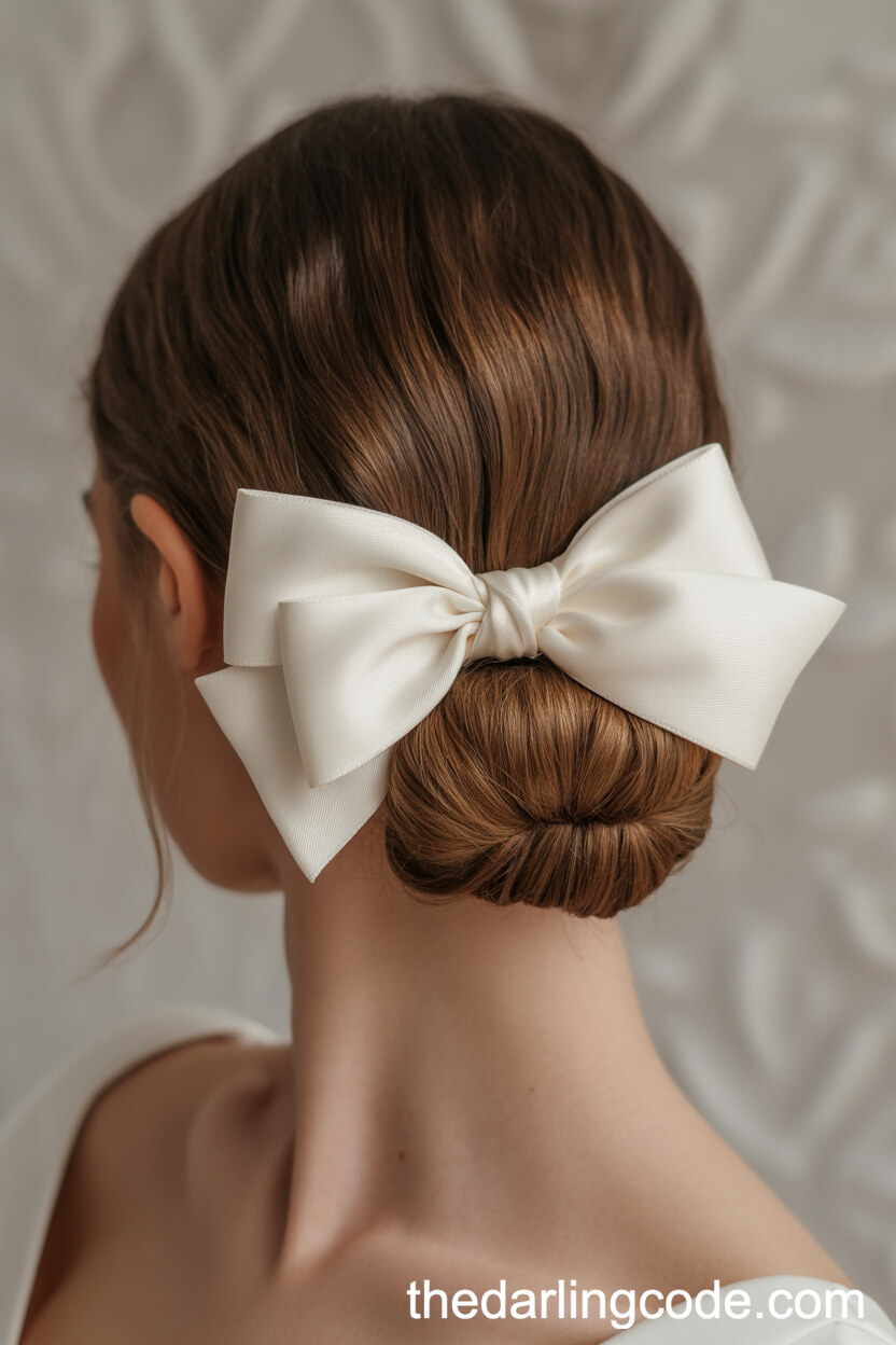 Classic Low Bun With A Large White Satin Bow