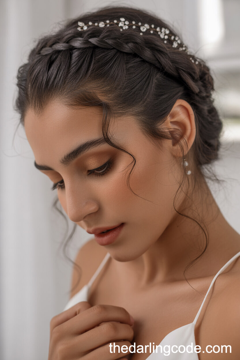 Braided Crown Bun With Soft Tendrils And Crystal Details