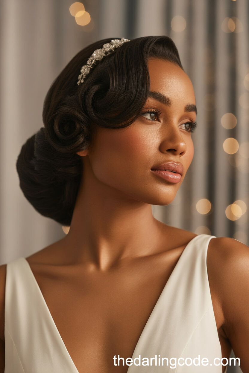Vintage Hollywood Waves Into A Low Bun With Jeweled Headband