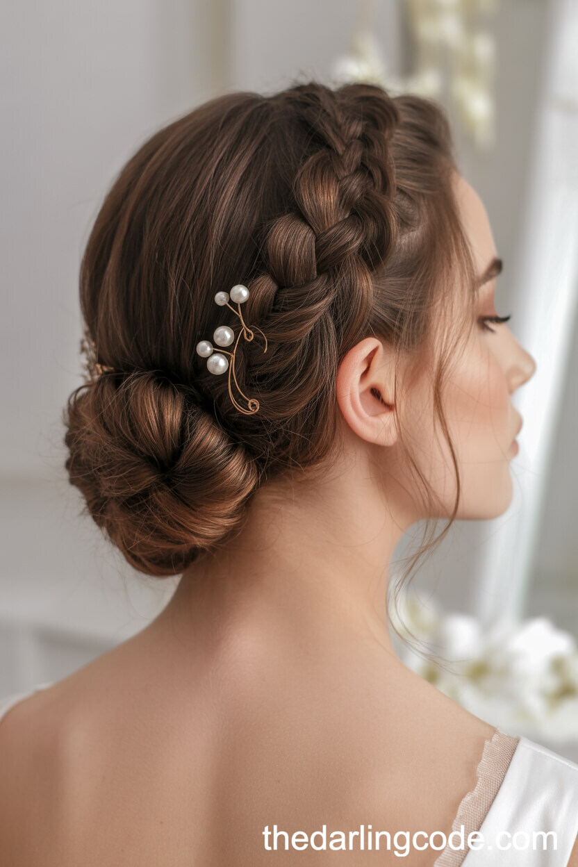 Oversized Braided Bun Updo With Romantic Strands And Pearl Hairpins