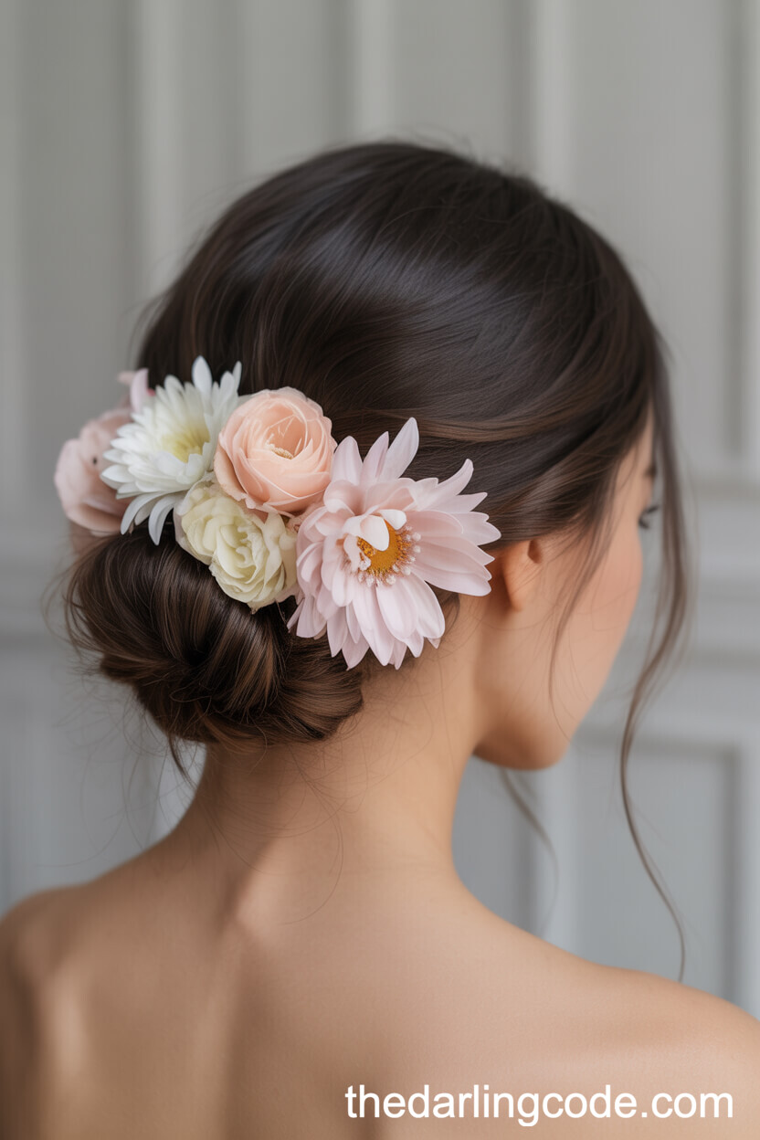 Low Bun With Pastel Flower Decorations