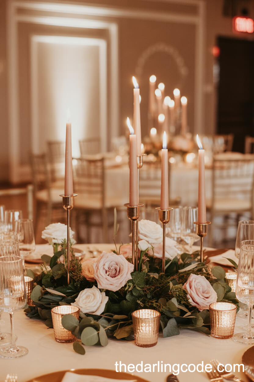 Rose Gold Candle Holders And Blush Floral Wedding Centerpieces