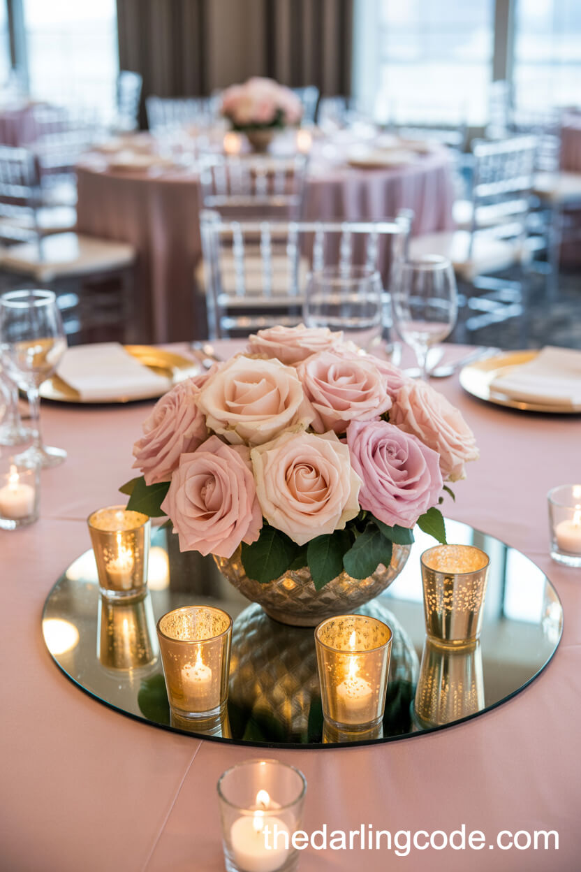 Blush Roses And Gold Mercury Glass Candle Wedding Centerpieces