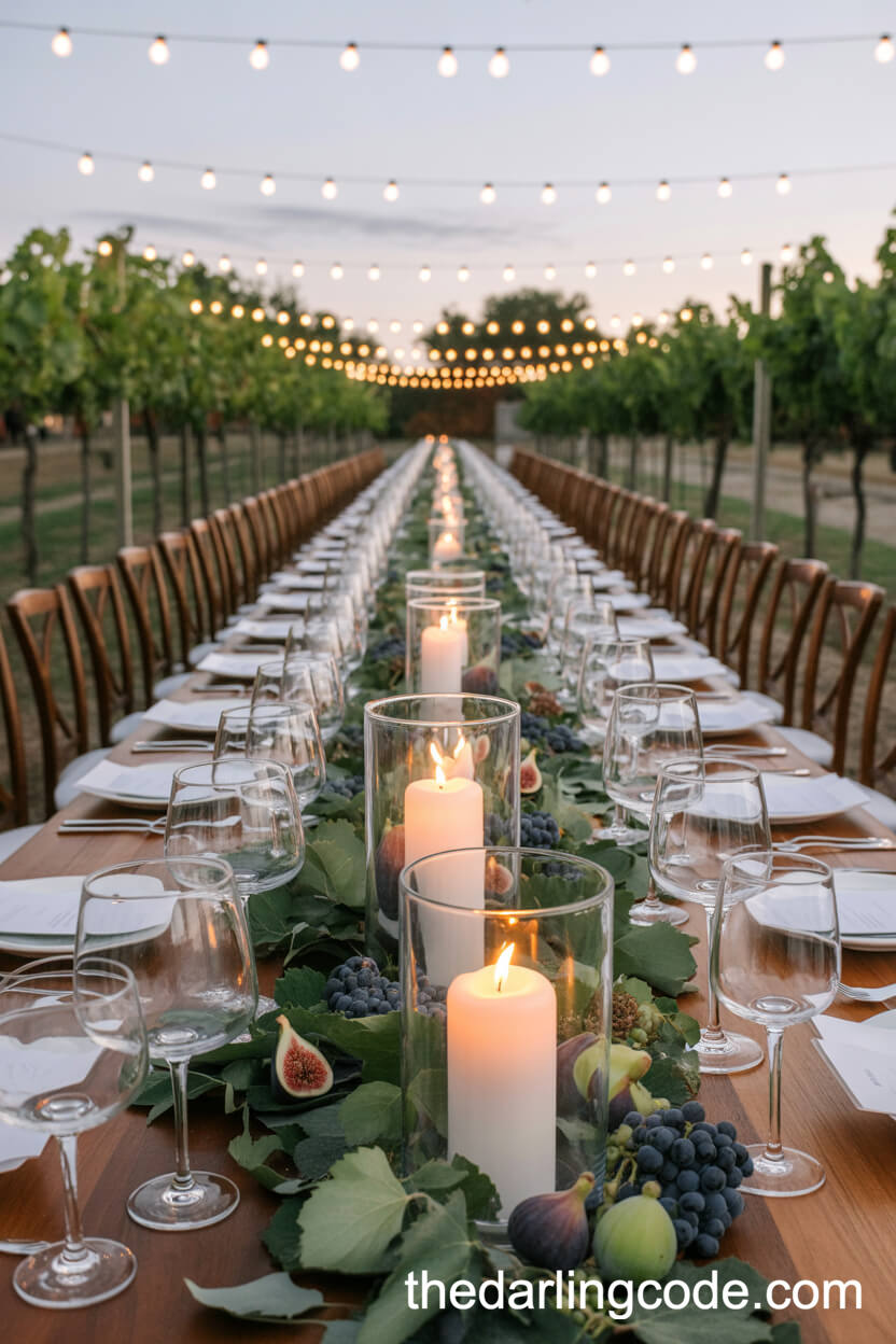 Vineyard Wedding Centerpieces With Glass Hurricanes And Greenery