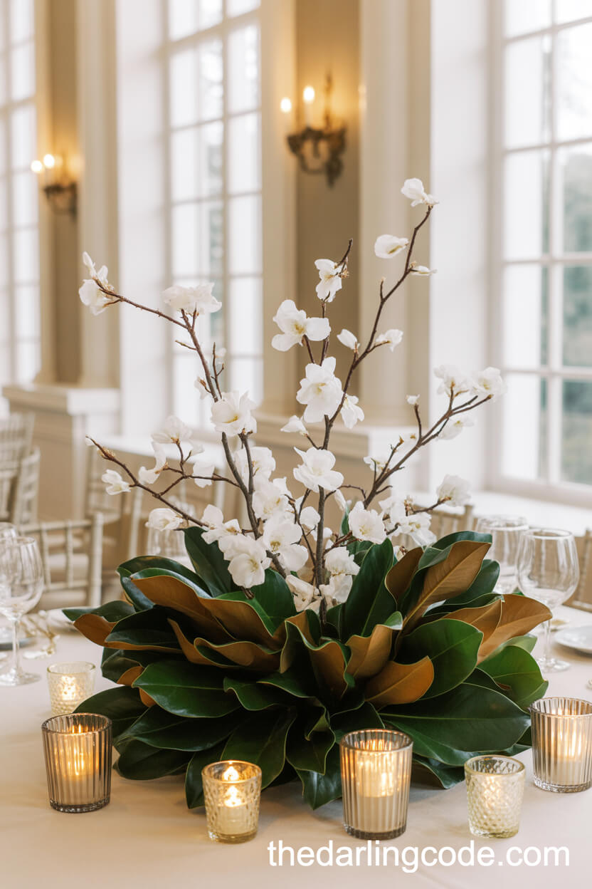 Magnolia Leaves And Votive Candle Southern Estate Wedding Centerpieces