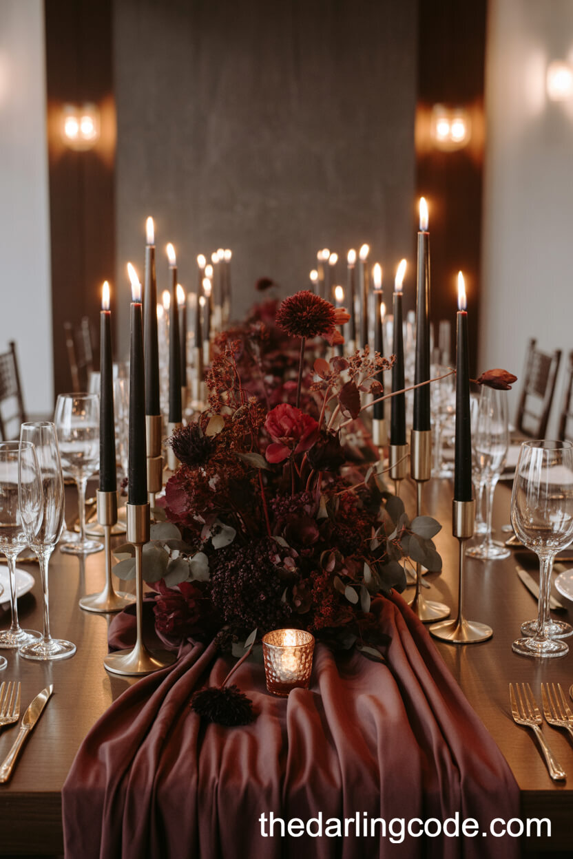 Velvet Runner And Burgundy Blooms Luxe Candle Wedding Centerpieces