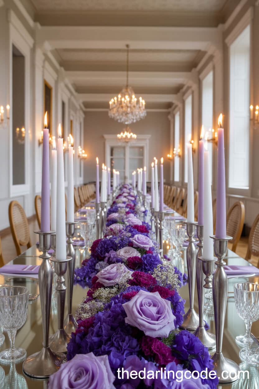 Purple Florals And Silver Candle Royal Wedding Centerpieces