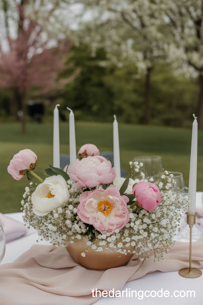 Peony And Baby’s Breath Spring Candle Wedding Centerpieces