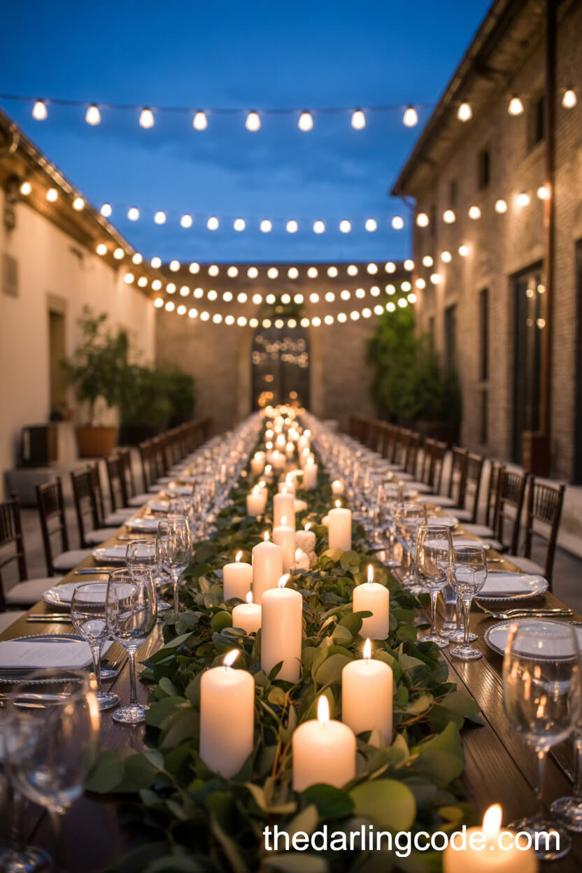 Greenery Garlands And Pillar Candle Courtyard Wedding Centerpieces