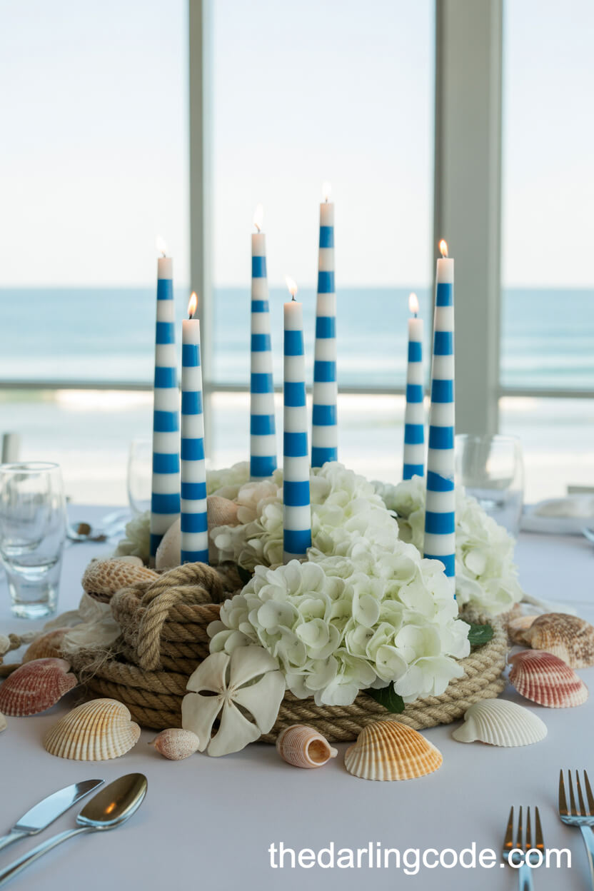 Coastal Wedding Centerpieces With Blue Striped Candles And Seashells