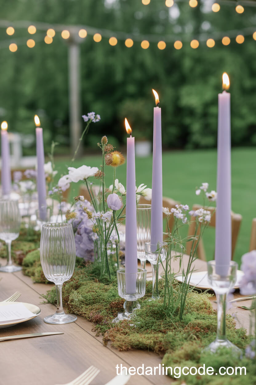 Pastel Lavender Candles And Wildflower Garden Wedding Centerpieces