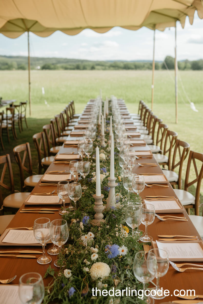 Wildflower Runner And Taper Candle Meadow Wedding Centerpieces