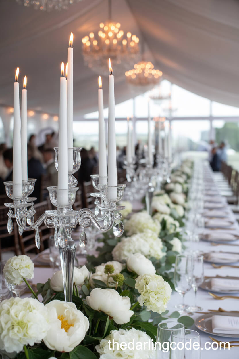 Crystal Candelabra Centerpieces with White Peonies for Weddings