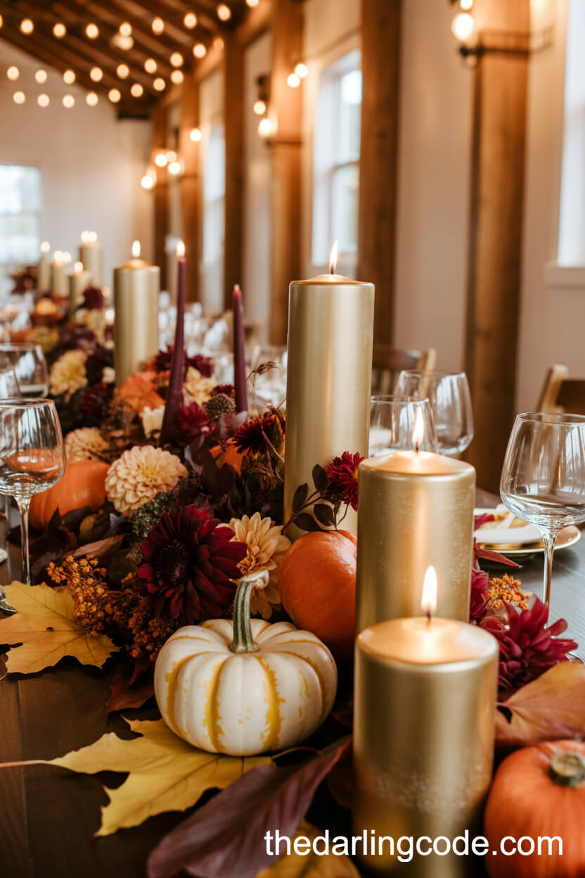 Gold Pillar Candles And Autumn Harvest Wedding Table Centerpieces
