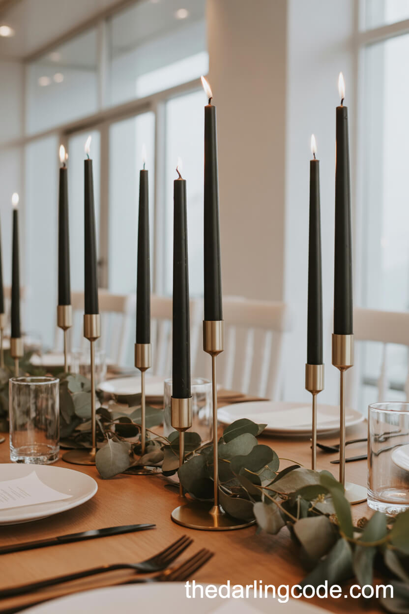 Modern Black And Gold Candle Wedding Centerpieces With Eucalyptus