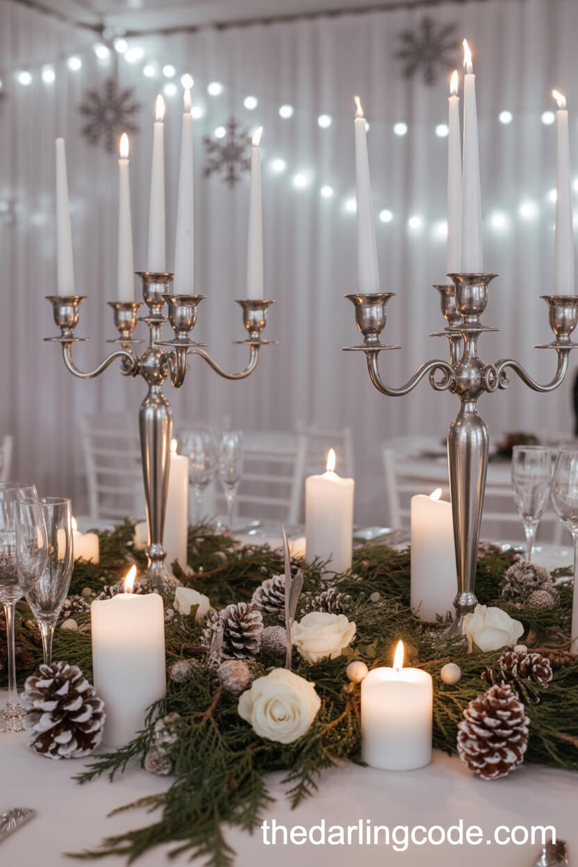 Silver Candelabra And Pinecone Winter Wedding Centerpieces