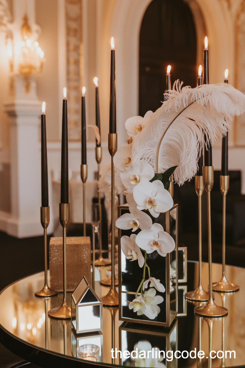 1920s-Inspired Geometric Mirrored Candle Wedding Centerpieces