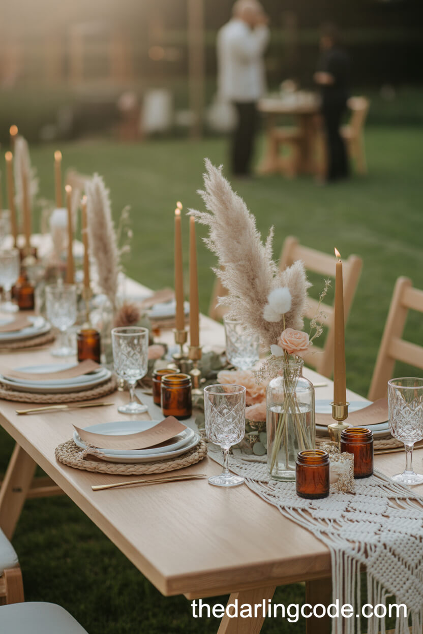 Amber Glass Candle Jars And Pampas Boho Wedding Centerpieces