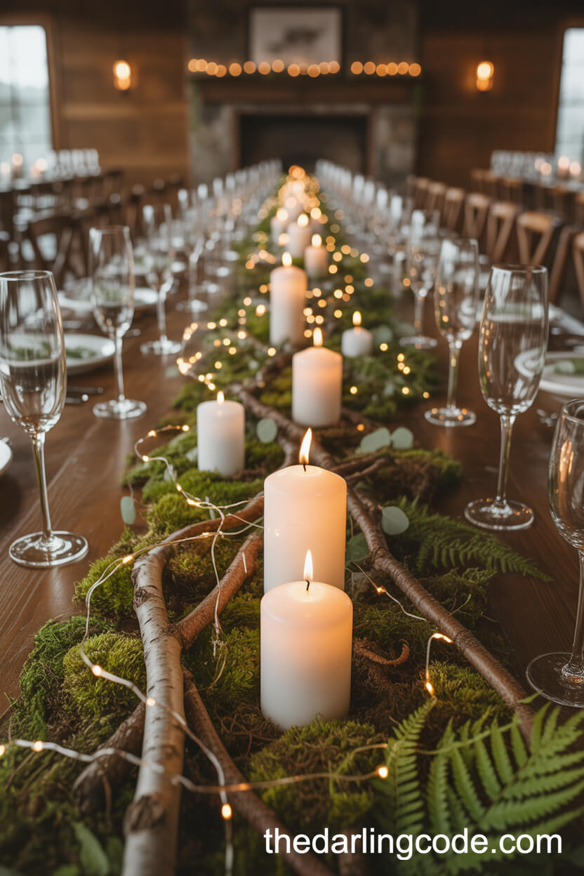 Moss, Ferns, And Pillar Candle Woodland Wedding Centerpieces