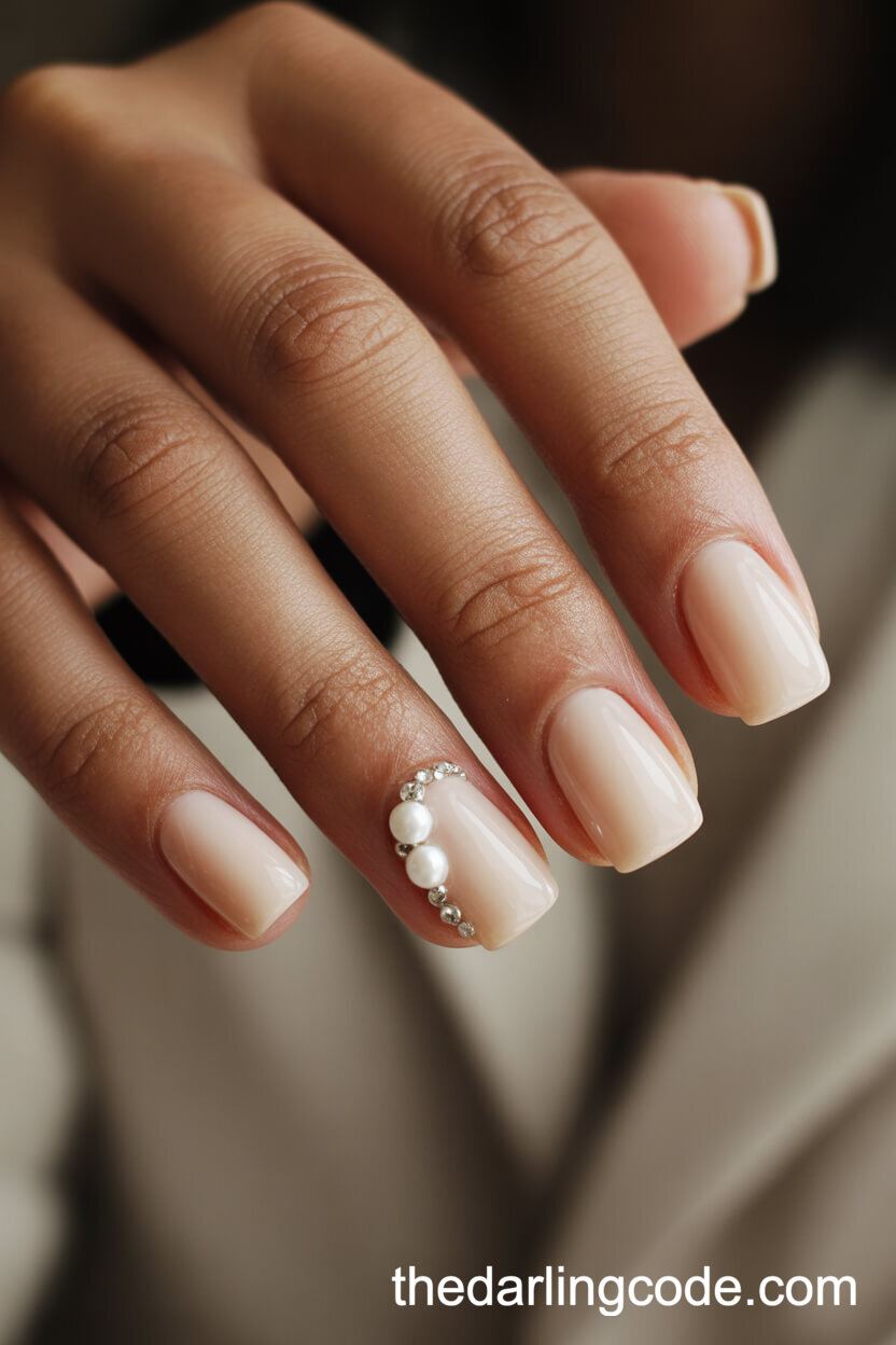 Creamy Beige Square Nails With Pearl Accent
