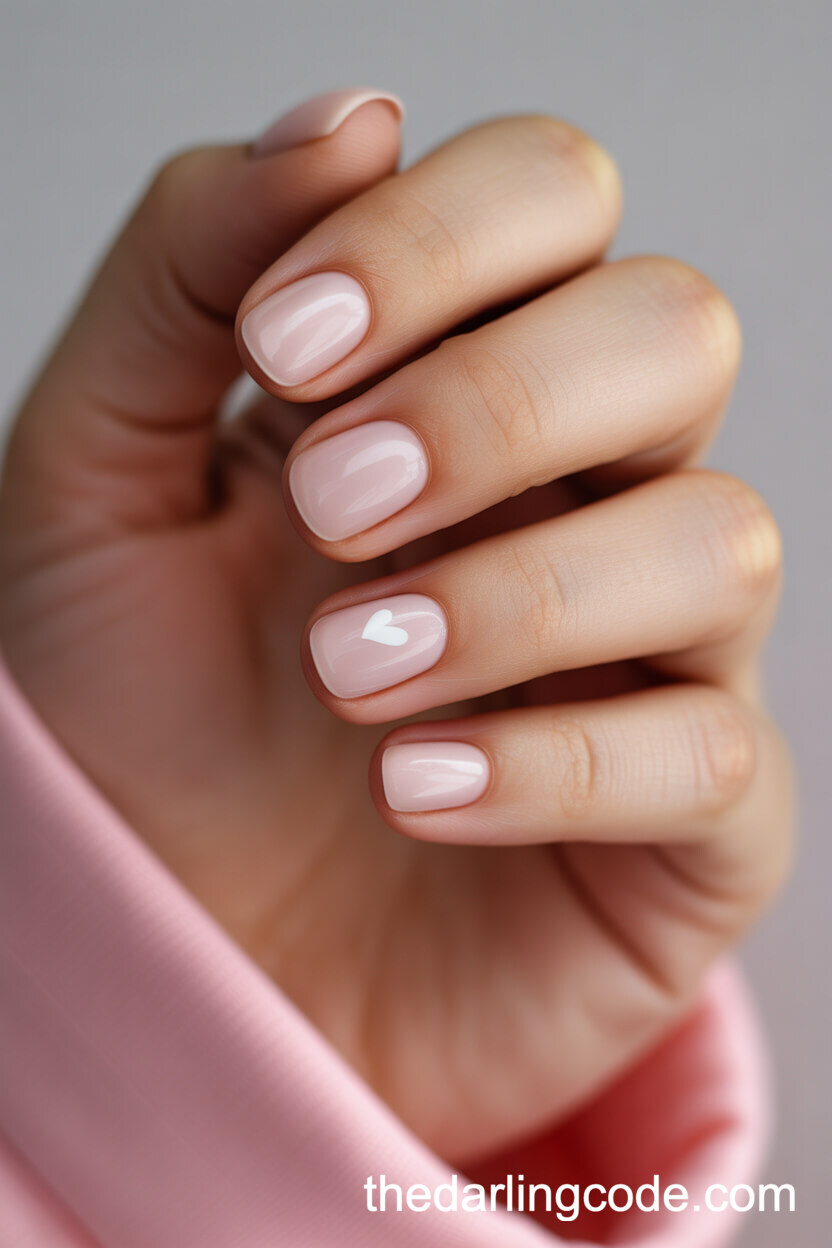 Pale Pink Short Round Nails With Heart Detail
