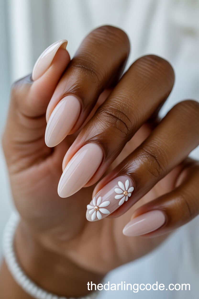 Nude Almond Nails With 3D Floral Accents
