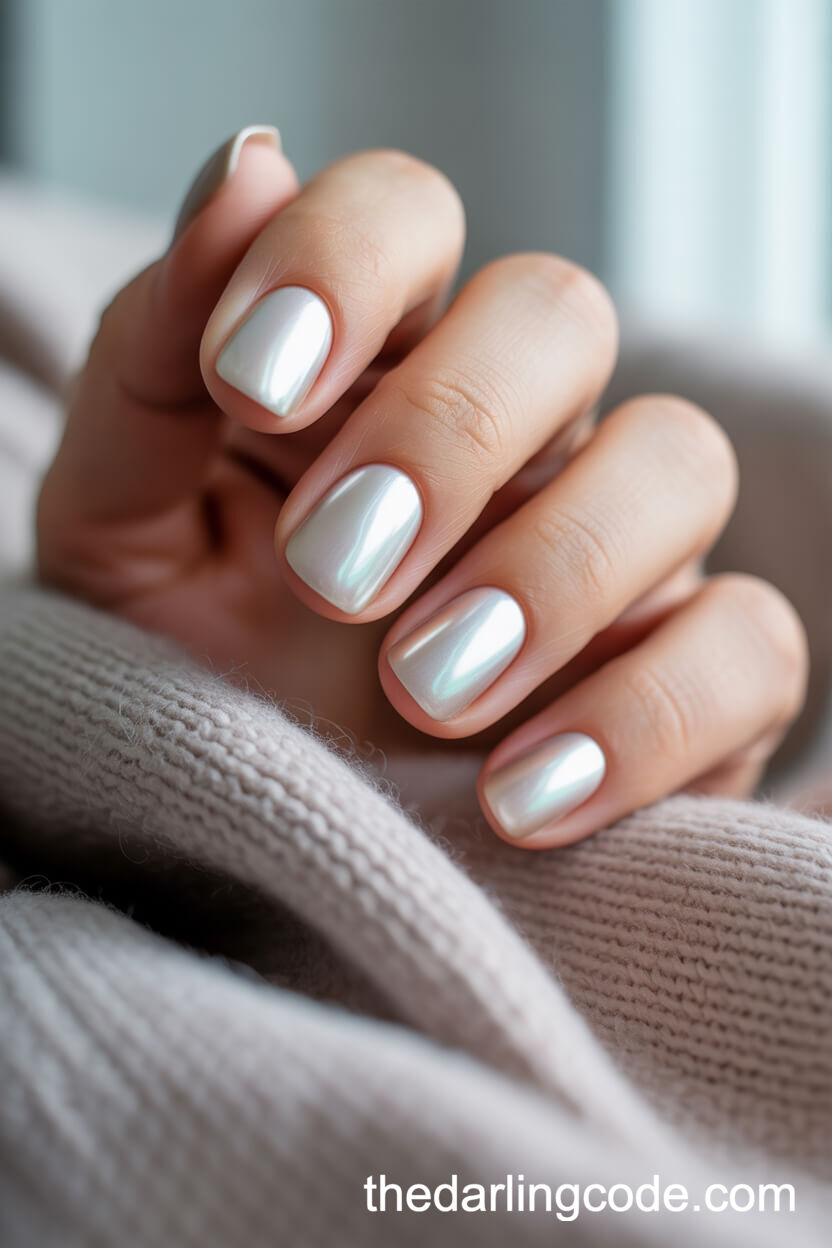 Pearl White Chrome Square Nails