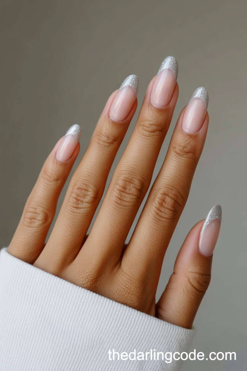 Modern French Almond Nails With Glitter Tips