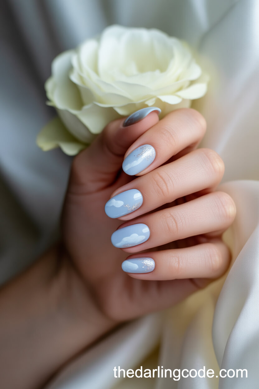 Pale Blue Oval Nails With Cloud Designs
