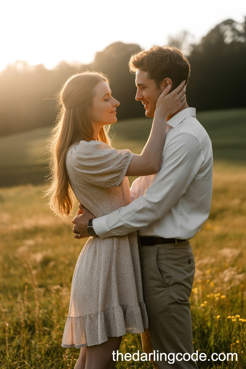 Embracing In A Golden Meadow At Sunset