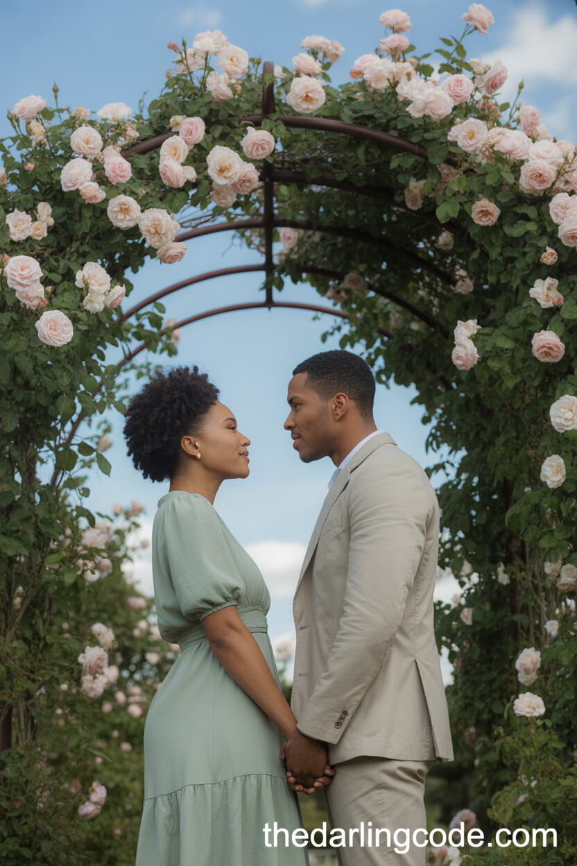 Romantic Moment Under A Blooming Rose Archway