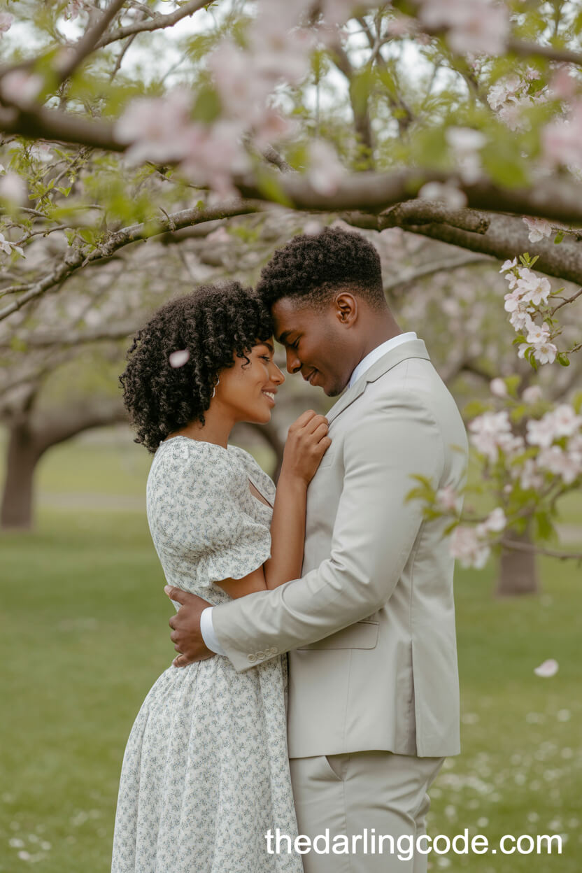Gentle Forehead Touch Among Orchard Blossoms