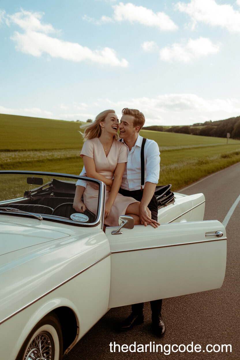Spontaneous Laughter Beside A Vintage Convertible