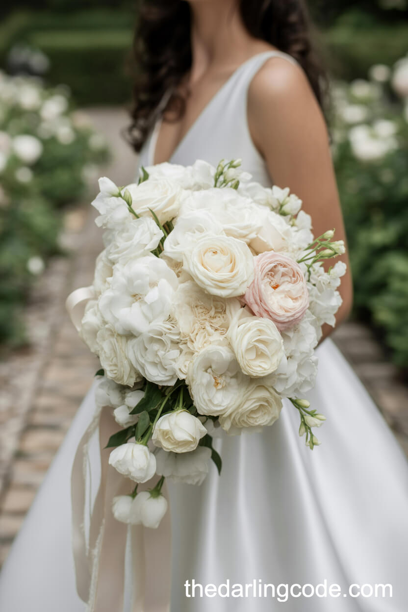 Cascading White Rose And Peony Bouquet With Flowing Ribbons