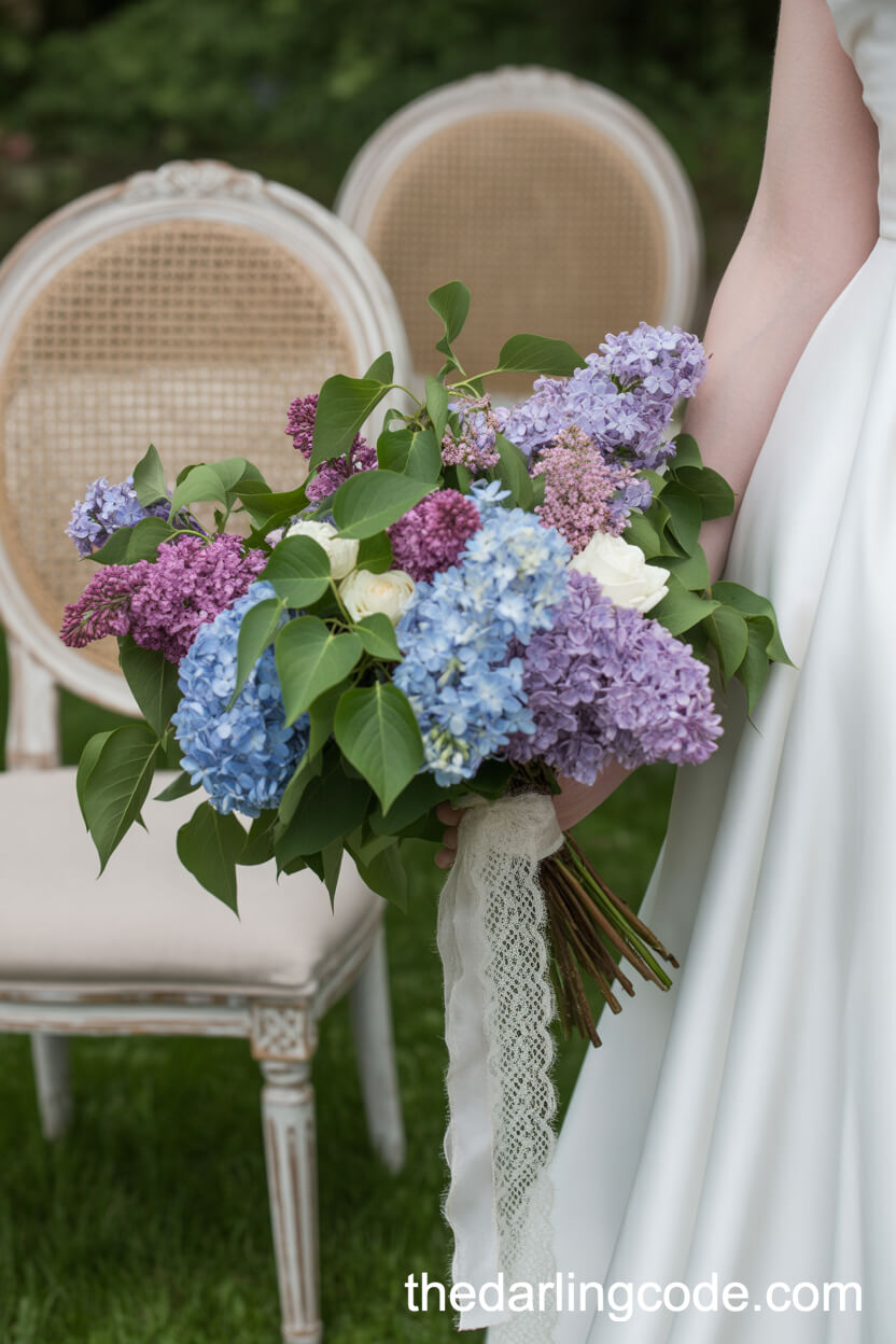 Vintage Lilac, Blue Hydrangea, And Lace Ribbon Bouquet