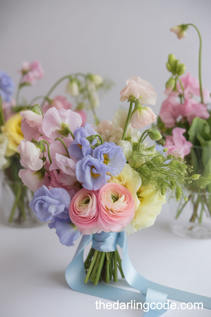 Pastel Spring Garden Bouquet With Sweet Peas And Ranunculus