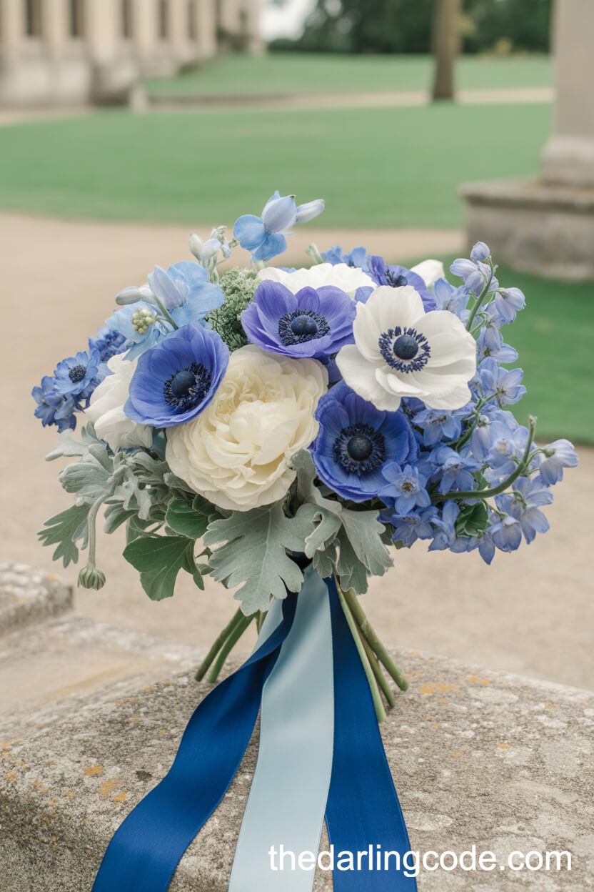 Elegant Blue And Cream Anemone Château Garden Bouquet