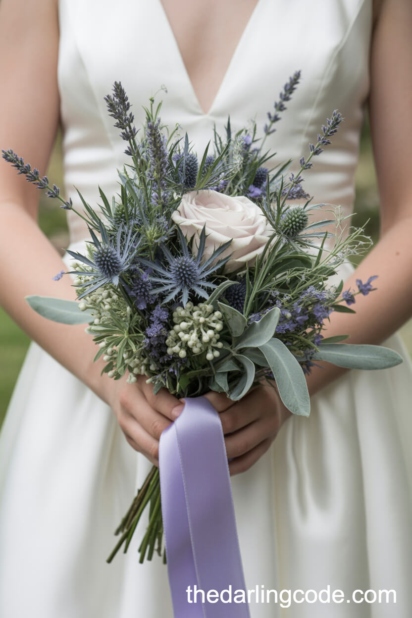 Lavender And Dusty Blue Thistle Late-Spring Wedding Bouquet