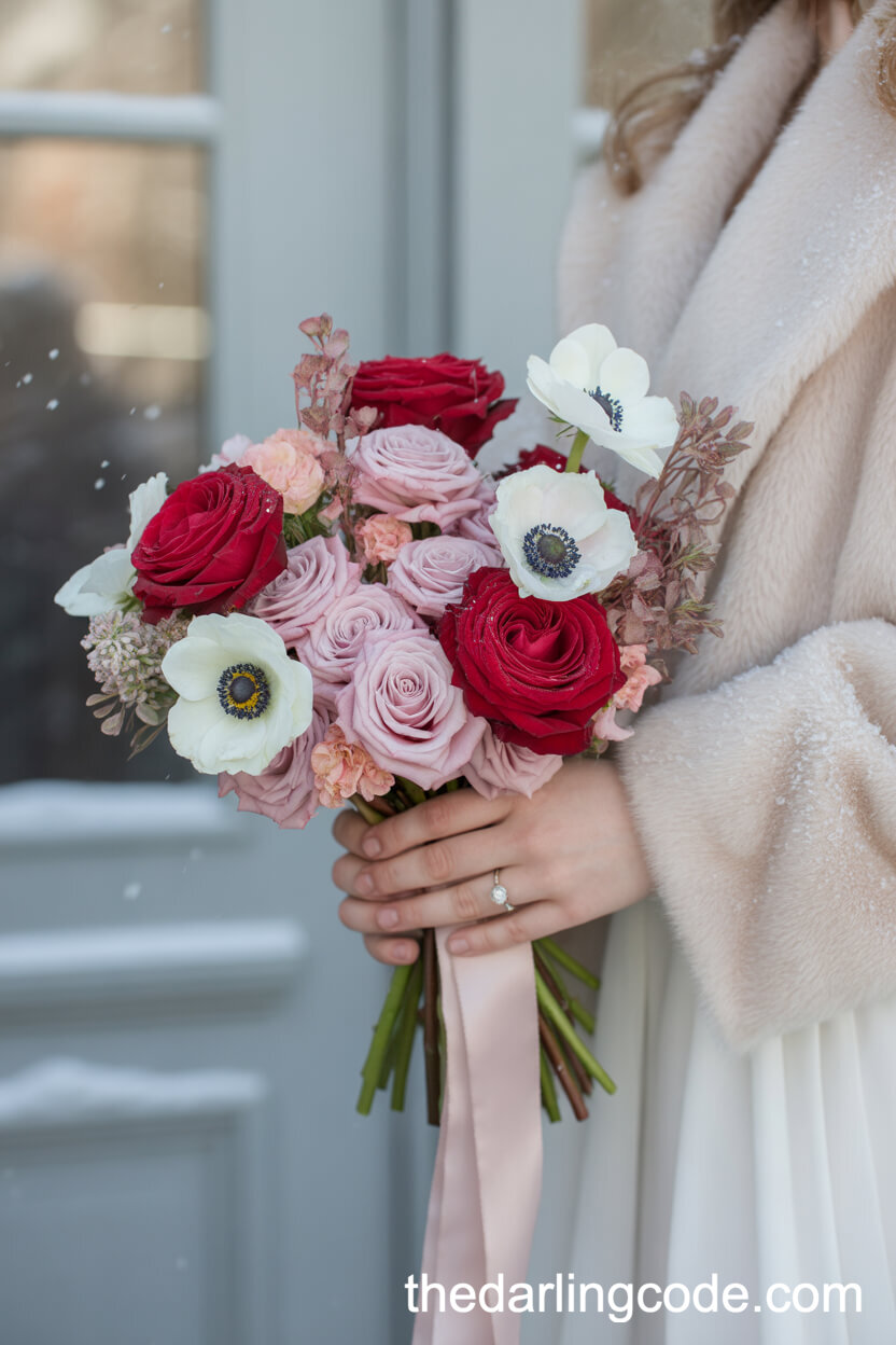 Dreamy Red Rose And White Anemone Winter Wedding Bouquet