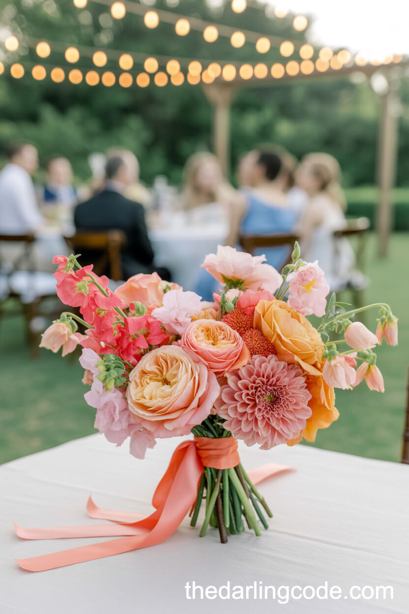 Vibrant Peach, Coral, And Pink Garden Reception Bouquet