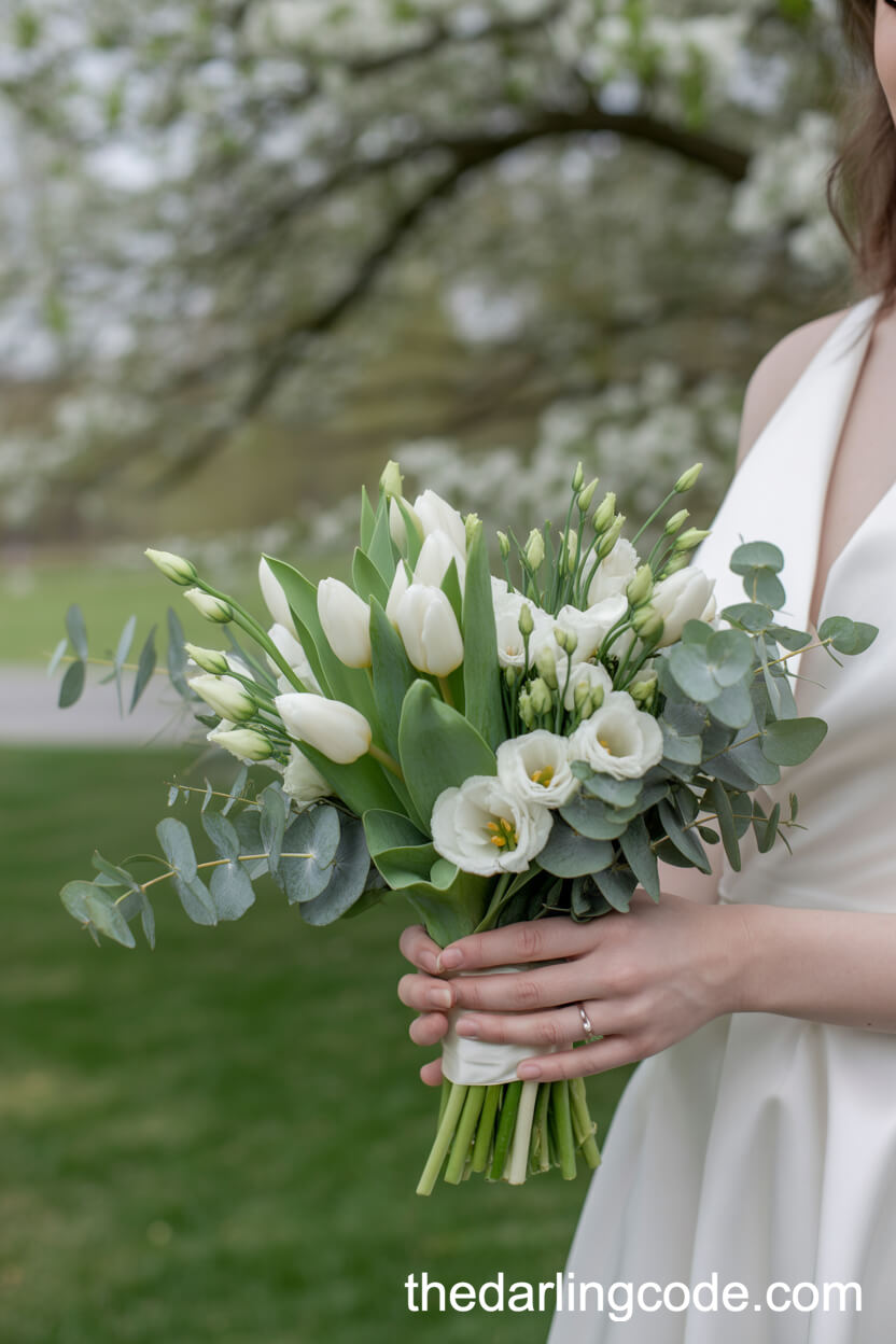 Classic Green And White Spring Bouquet With Tulips And Eucalyptus