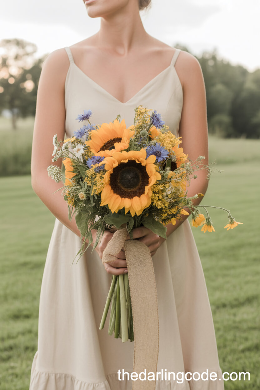 Vibrant Sunflower And Wildflower Barn Wedding Bouquet