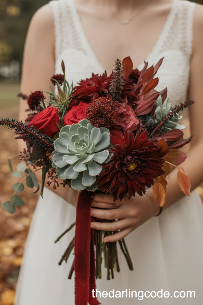Moody Autumn Bouquet With Burgundy Dahlias And Velvet Ribbon